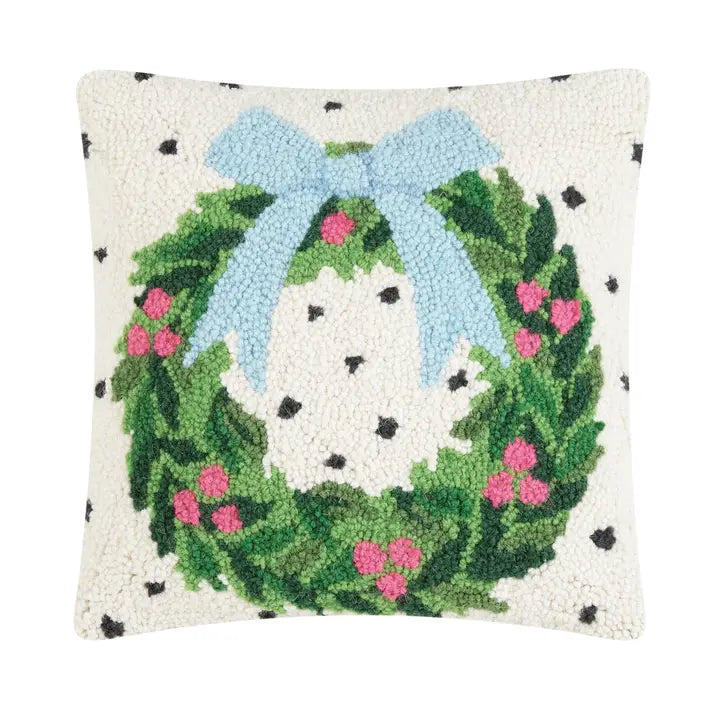 Spotted Holiday Wreath Hook Pillow 14"x14"