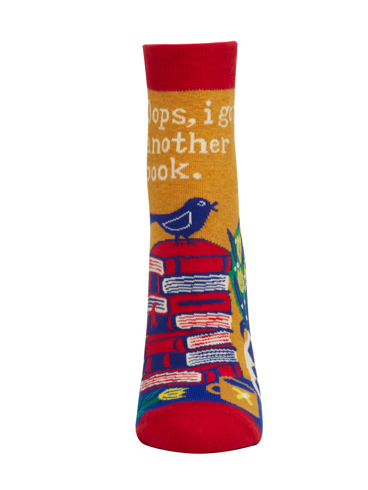 Single colorful sock with books and a bird design on a white background. Text reads "oops, I got another book"