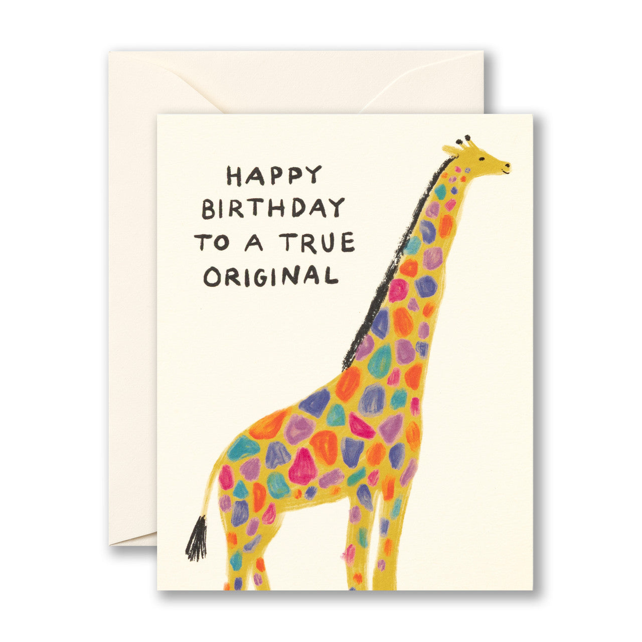 Card with a rainbow giraffe that reads "Happy birthday to a true original"