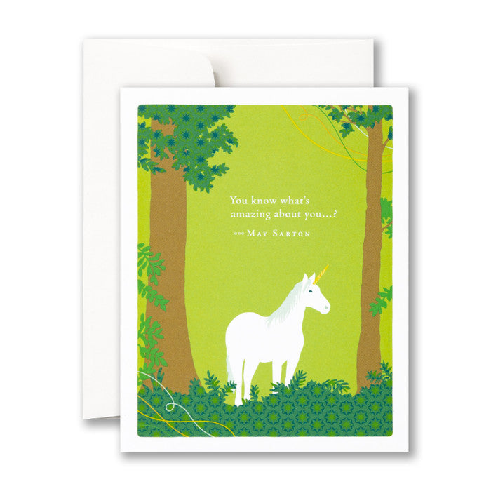 Card with a bright lime green background and a nicorn in a patterned forest. Card reads: "You know what's amazing about you...? - May Sarton