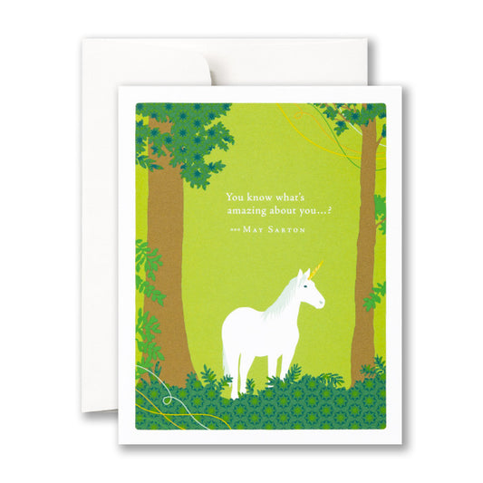 Card with a bright lime green background and a nicorn in a patterned forest. Card reads: "You know what's amazing about you...? - May Sarton