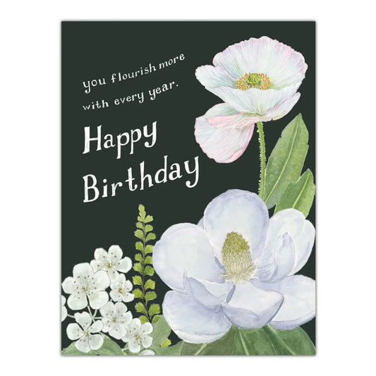 Floral Birthday Card White and Green Magnolia and Poppy