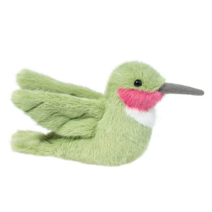 Adorable plush toy hummingbird with green body, pink cheeks, and white chest