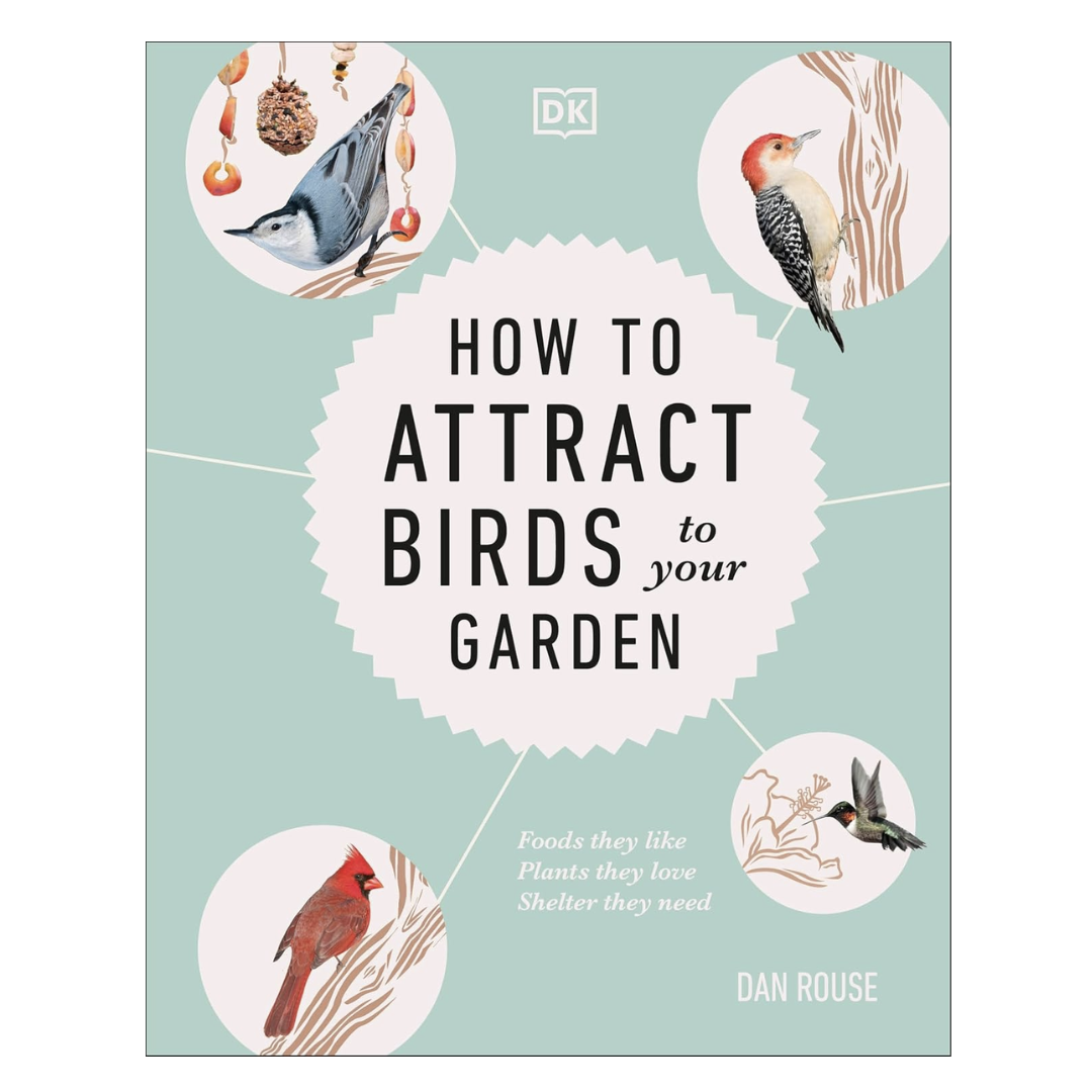 Cover for  'How to Attract Birds to Your Garden' with illustrations of birds on a light blue background.