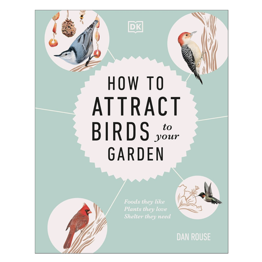 Cover for  'How to Attract Birds to Your Garden' with illustrations of birds on a light blue background.