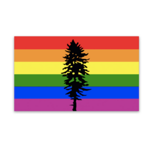 Pride flag with a black tree silhouette 