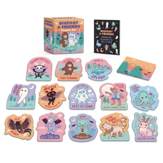 Set of colorful magnets featuring adorable illustrations of famous cryptids with inspirational quotes like "So happy you exist" and "Live. Laugh. Lurk."
There are 13 magnets, a folded backdrop, info booklet, and presentational box.