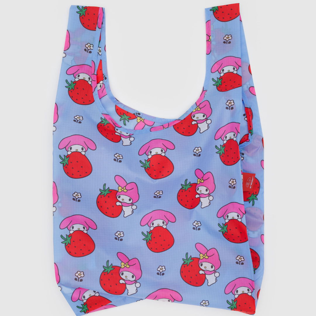 Reusable bag with strawberry and My Melody on a light blue background