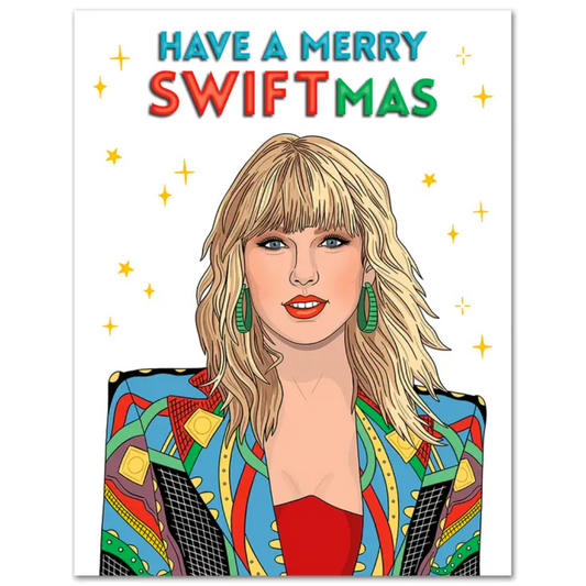 greeting card with artwork of Taylor Swift that says Have a Merry Swiftmas