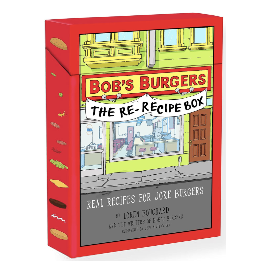 The 'Bob's Burgers The Re-Recipe Box' is red with the front of the Bob's Burgers restaurant on the front of the box