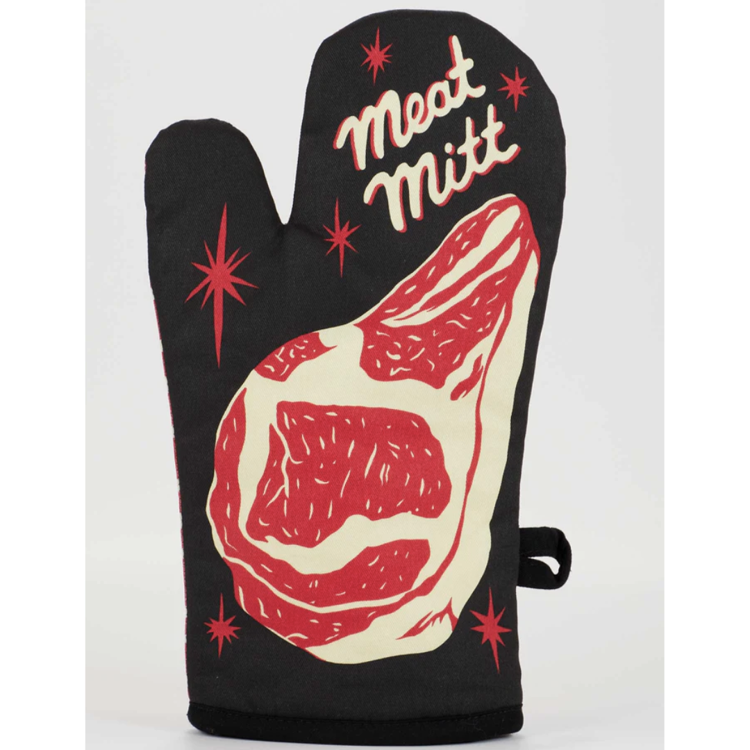 Black oven mitt with red and white design of a piece of meat and 'Meat Mitt' in script at the top of the mitt