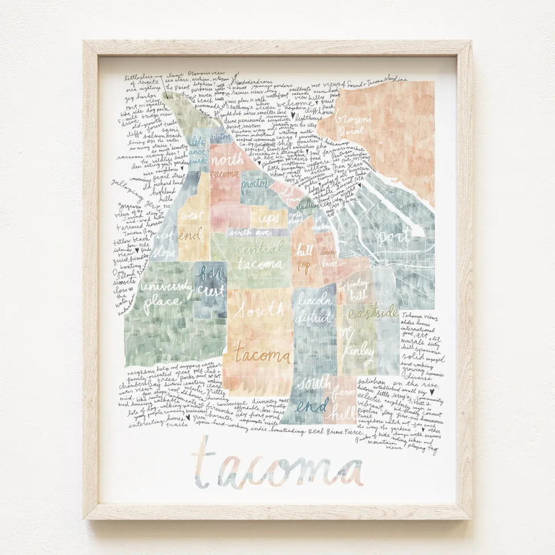 Rainbow watercolor map of Tacoma featuring each of the neighborhood names in cursive writing and different Tacoma landmarks surrounding it. The word "tacoma" in larger cursive writing sits underneath in a variety of colors.