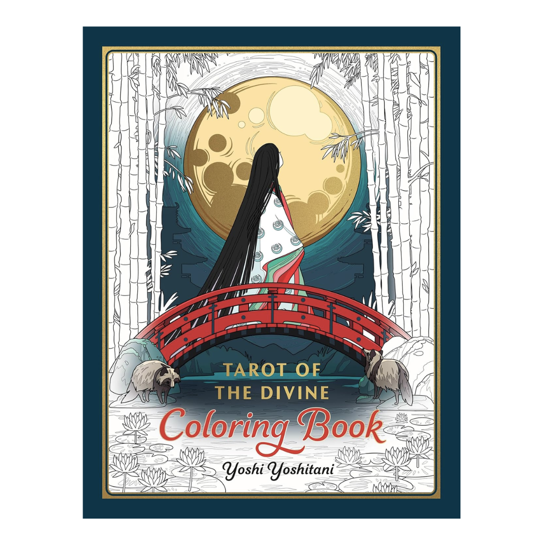 Cover for the "Tarot of the Divine Coloring Book" features a beautiful illustration of a woman on a Japanese bridge under a full moon