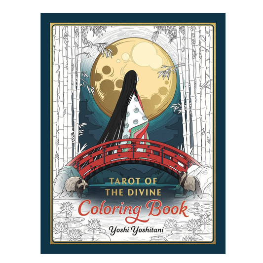 Cover for the "Tarot of the Divine Coloring Book" features a beautiful illustration of a woman on a Japanese bridge under a full moon