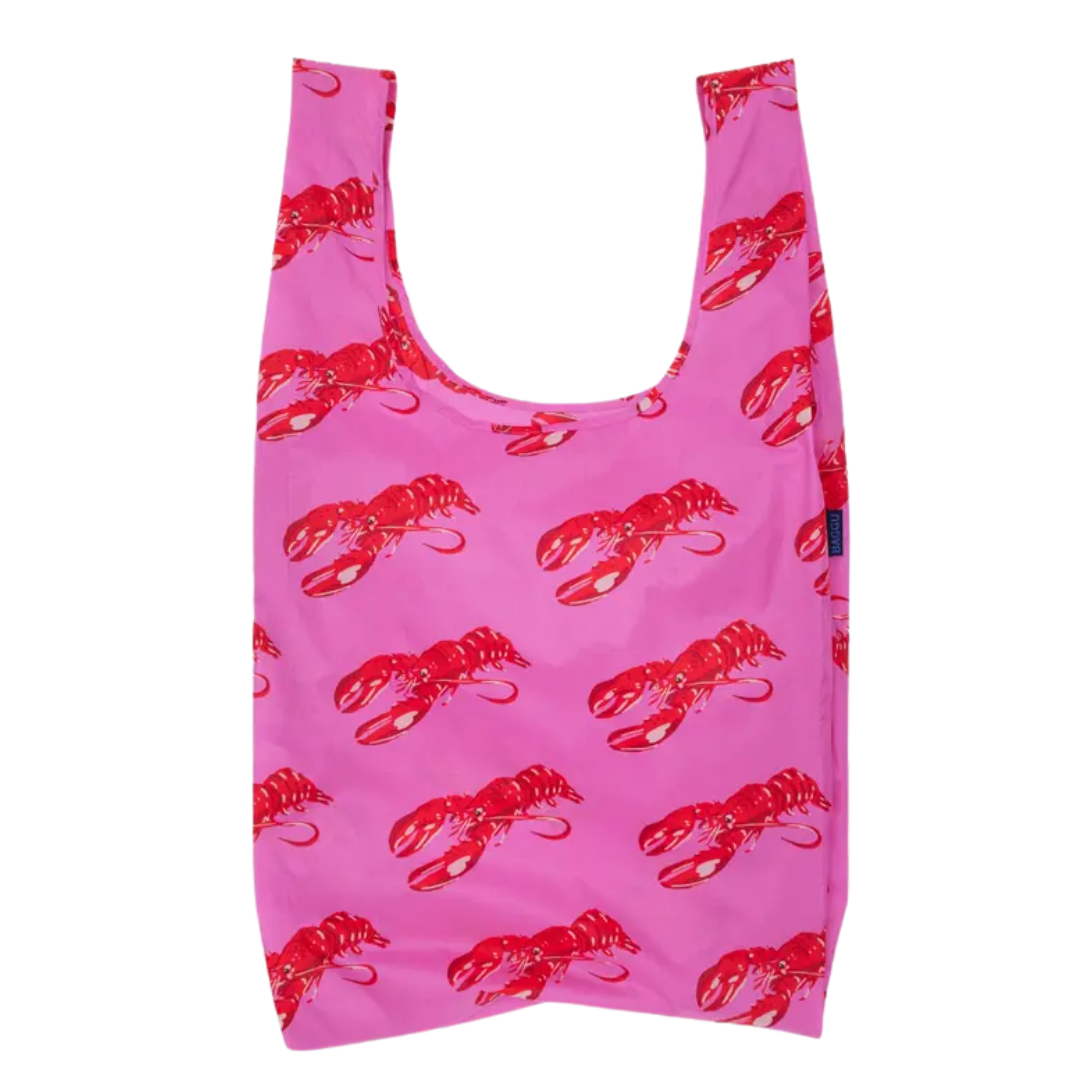 Large pink Baggu shopping bag with lobsters all over it.
