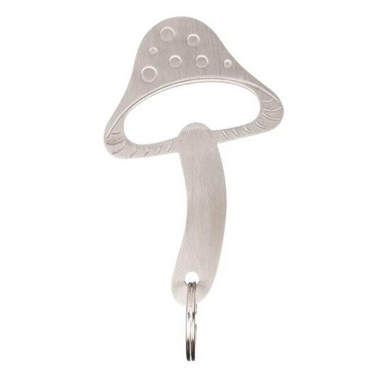 Silver metal mushroom shaped bottle opener on silver key ring against white background.