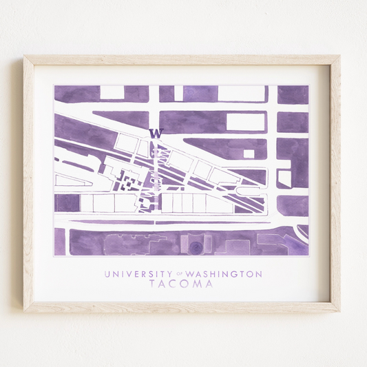 Watercolor painting of a UW Tacoma campus map in UW purple! Features the words "UNIVERSITY OF WASHINGTON TACOMA" underneath.