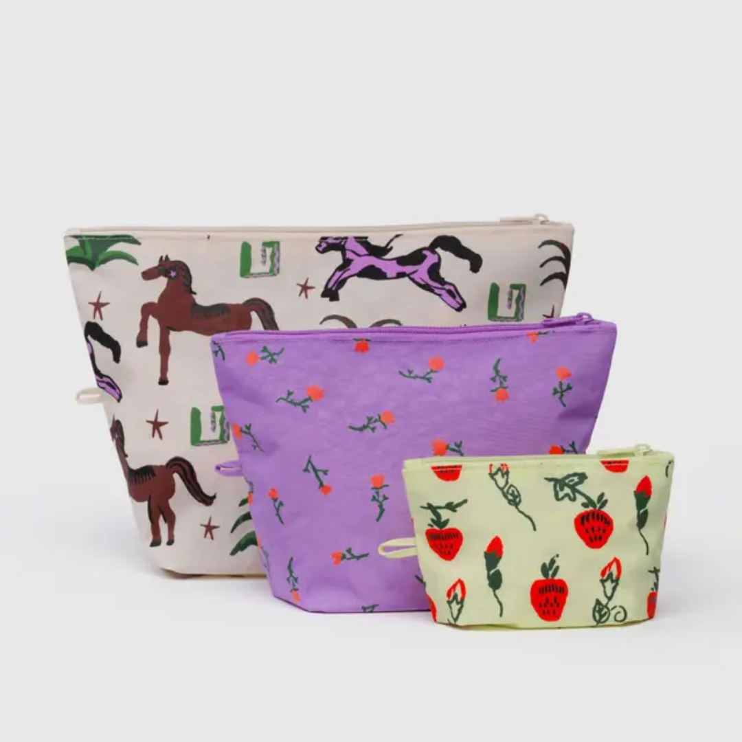 Three western themed pouches- small, medium, and large with a gusseted bottom so the pouches stand when full