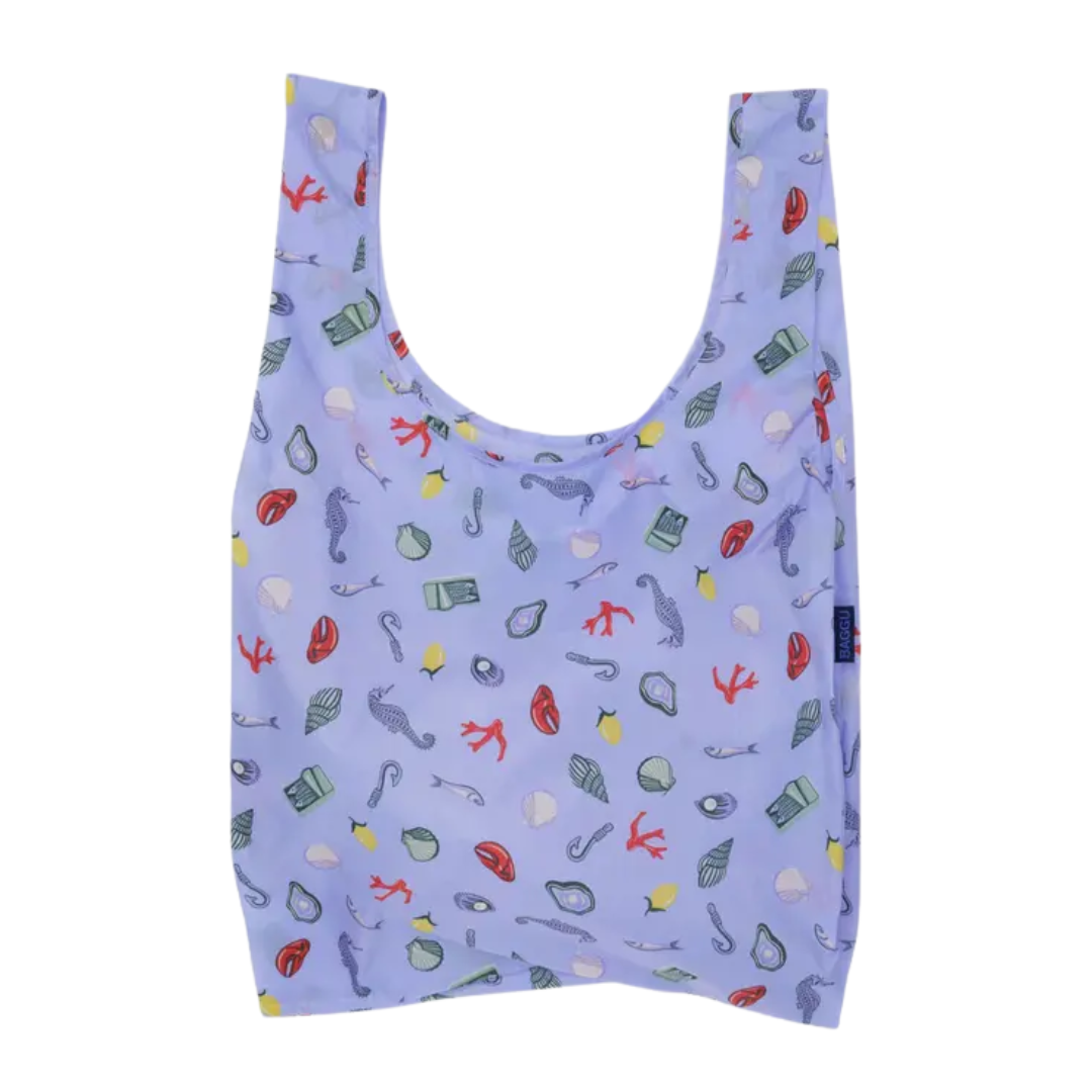 Standard Baggu bag in light blue decorated with sea motifs.