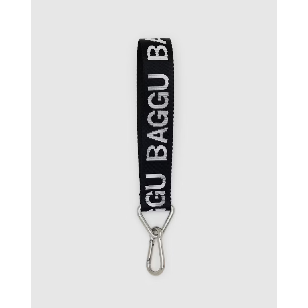 Black lanyard with the word "BAGGU" in white font and a silver keychain and carabiner attached.