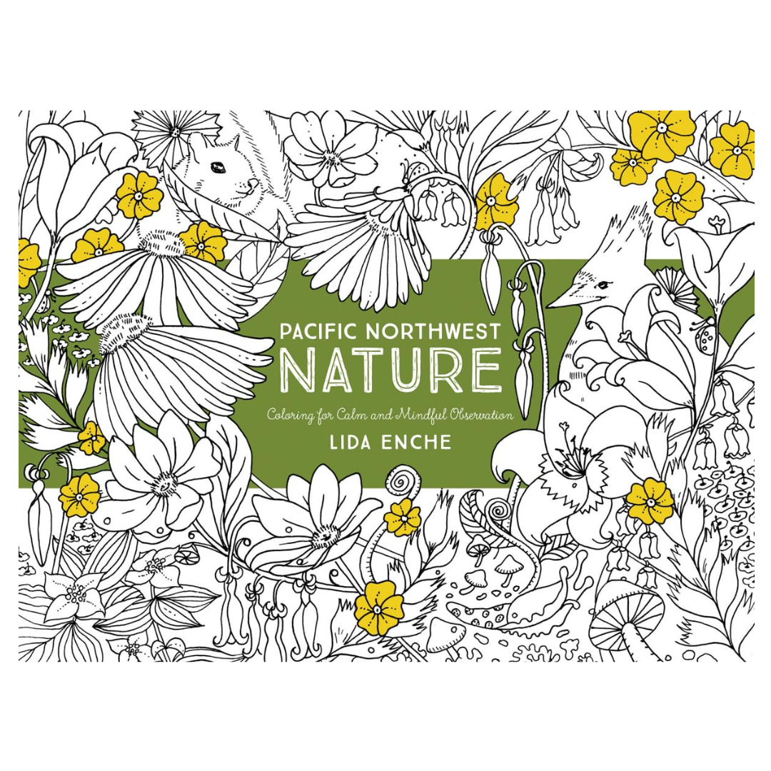 Cover for "Pacific Northwest Nature" coloring book features an array of flora and fauna from the Pacific Northwest