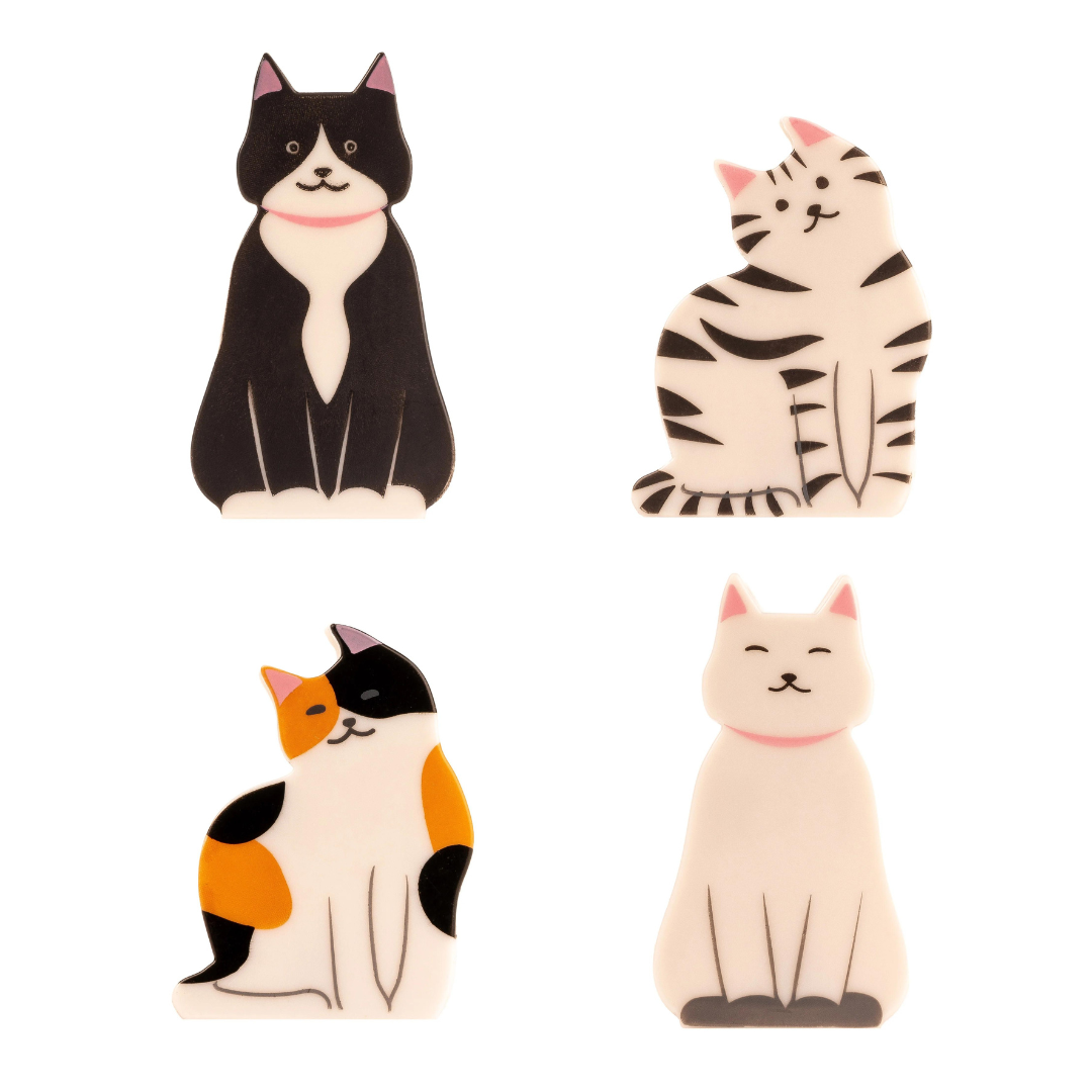 Black and white cat, white cat with black stripes, white, orange and black colored cat and an all white cat. All against white background.