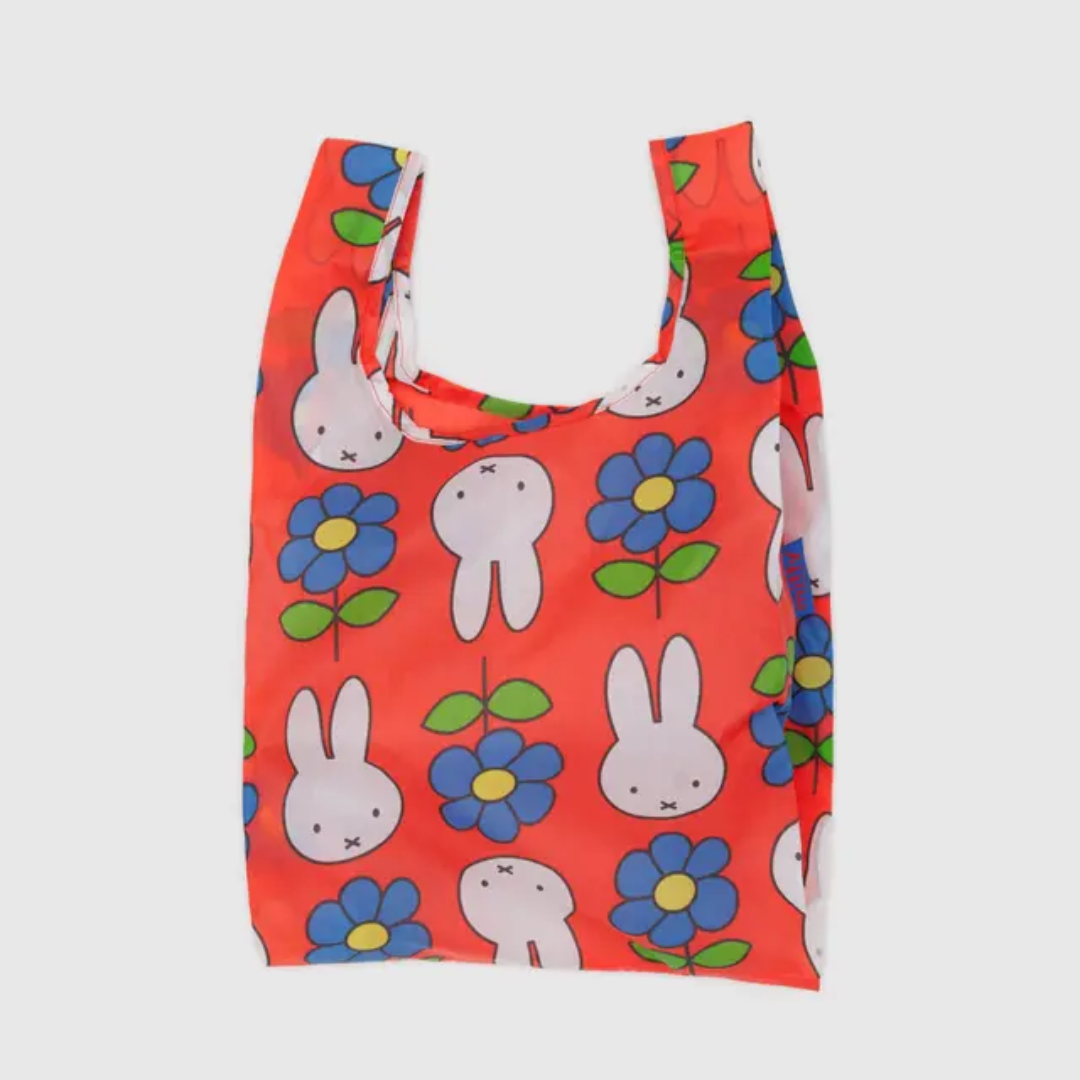 Small orange Baggu shopper with blue flowers and Miffy the bunny