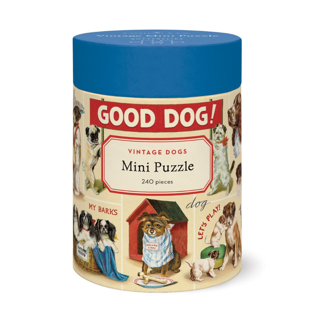 Cylindrical puzzle box featuring vintage dog illustrations. 