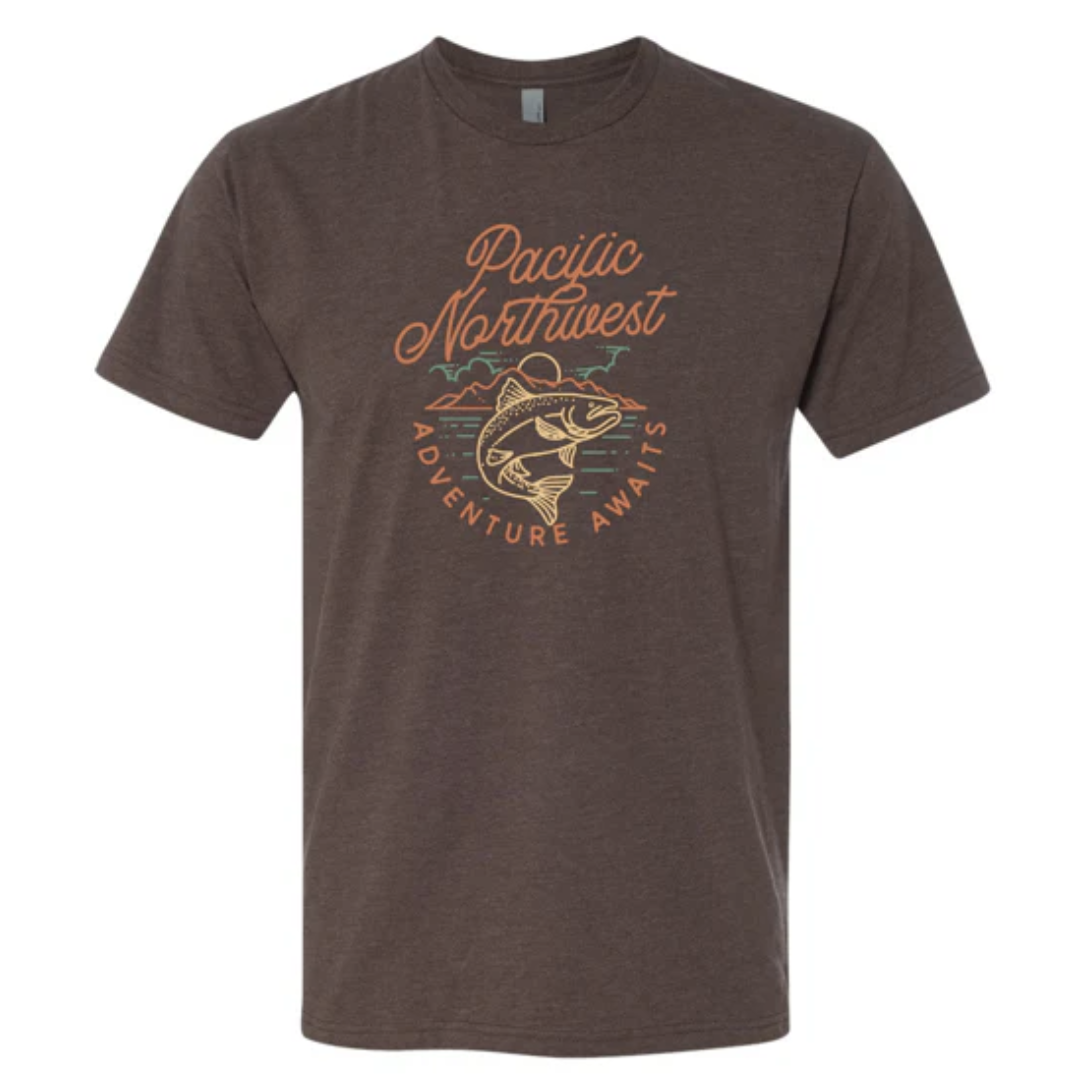 Brown t-shirt with a salmon jumping up against water, mountains, and sky that says 'Pacific Northwest Adventure Awaits' 