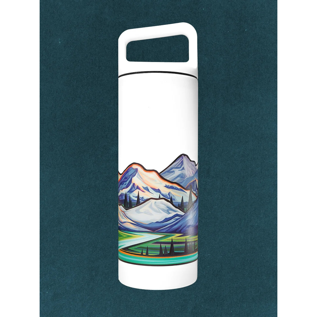 White water bottle featuring sticker of the snow capped mountains of the Cascade range surrounding the entire bottle.