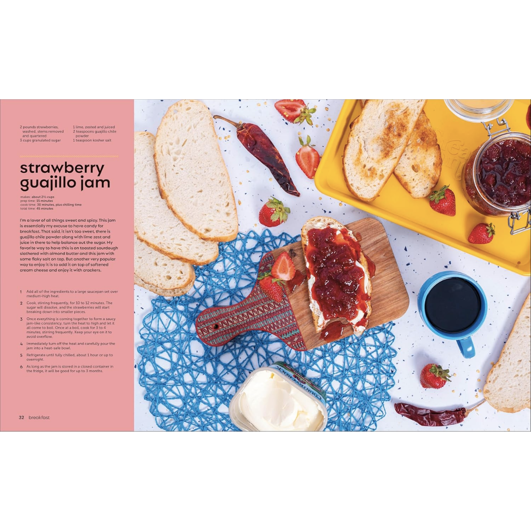 Sample of a recipe for Strawberry Guajillo Jam features a photo of toast and bread with jam, berries, and peppers