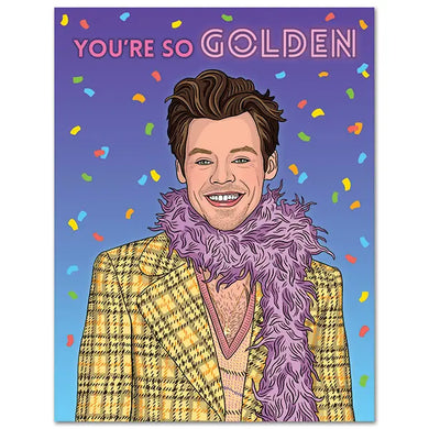 birthday card with illustration of Harry Styles in a plaid jacket and purple boa scarf, text says You're So Golden