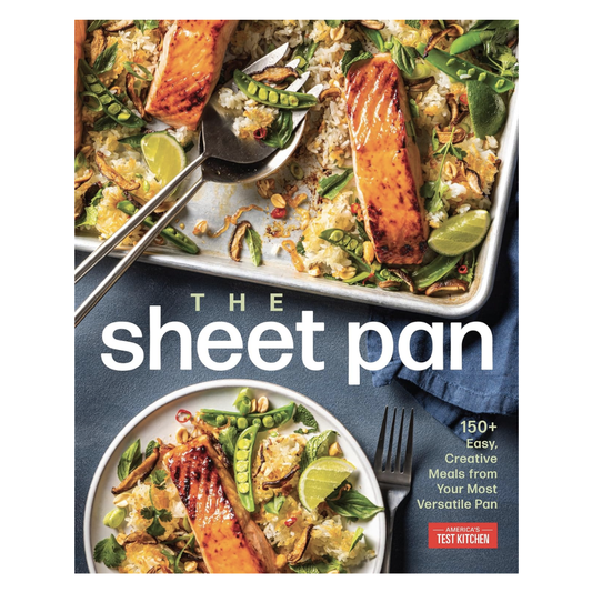 Cover for "The Sheet Pan" cookbook features a meal of  salmon, couscous, and green veggies being served from a sheet pan