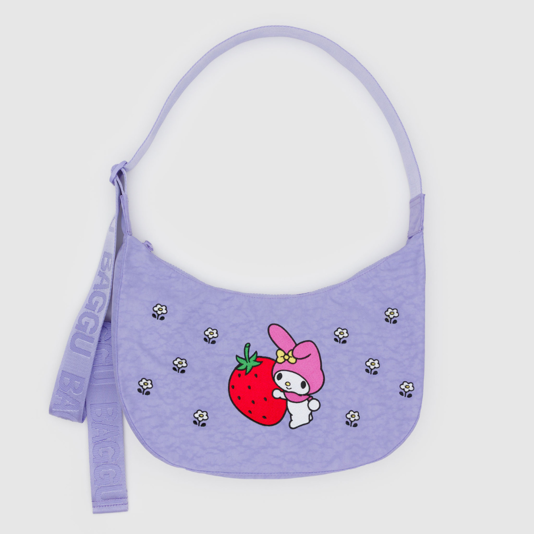 Purple bag with embroidered My Melody and strawberry design 
