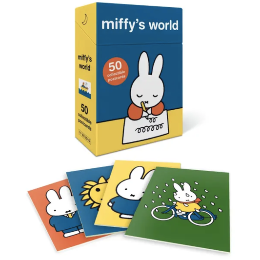 Box of 'miffy's world' postcards with illustrations of a white rabbit character on colorful cards.