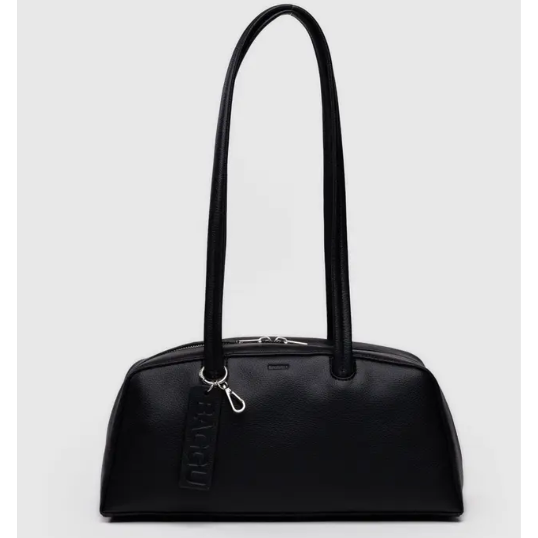 Baggu recycle leather black bowler bag. Bag rectangular with long straps