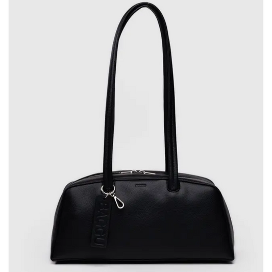 Baggu recycle leather black bowler bag. Bag rectangular with long straps