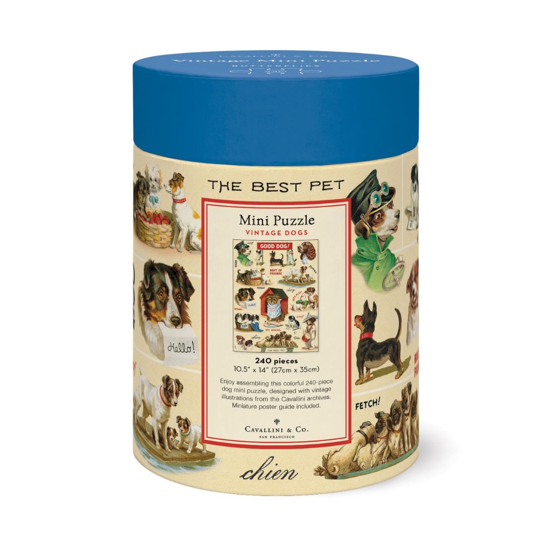 The back of a cylindrical puzzle box featuring vintage dog illustrations. Show the full mage of the puzzle after assembly.