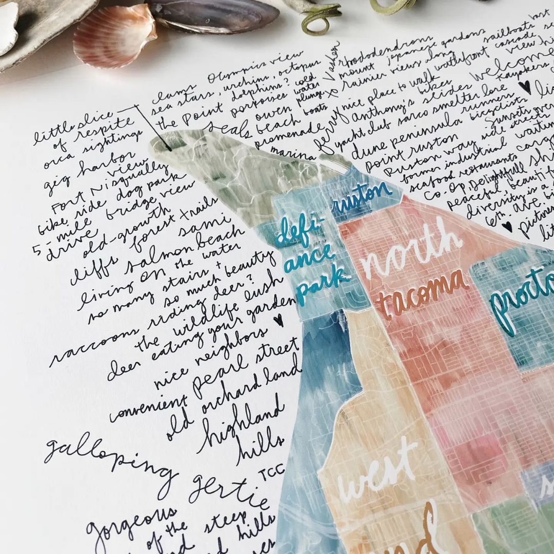 Rainbow watercolor map of Tacoma featuring each of the neighborhood names in cursive writing and different Tacoma landmarks surrounding it. The word "tacoma" in larger cursive writing sits underneath in a variety of colors.