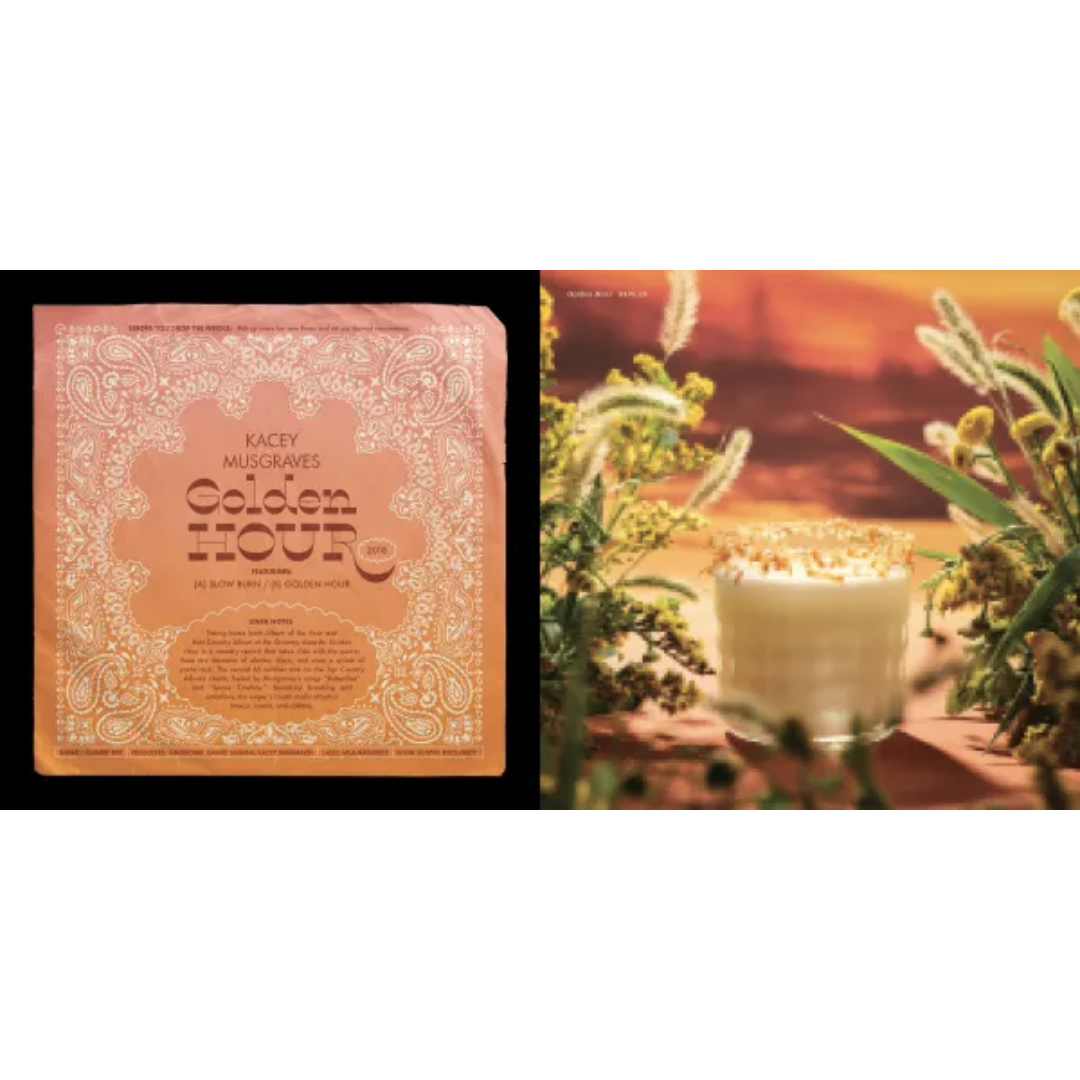 Sample pages from book feature writing and drinks inspired by artists like Kacey Musgraves and her album "Golden Hour"