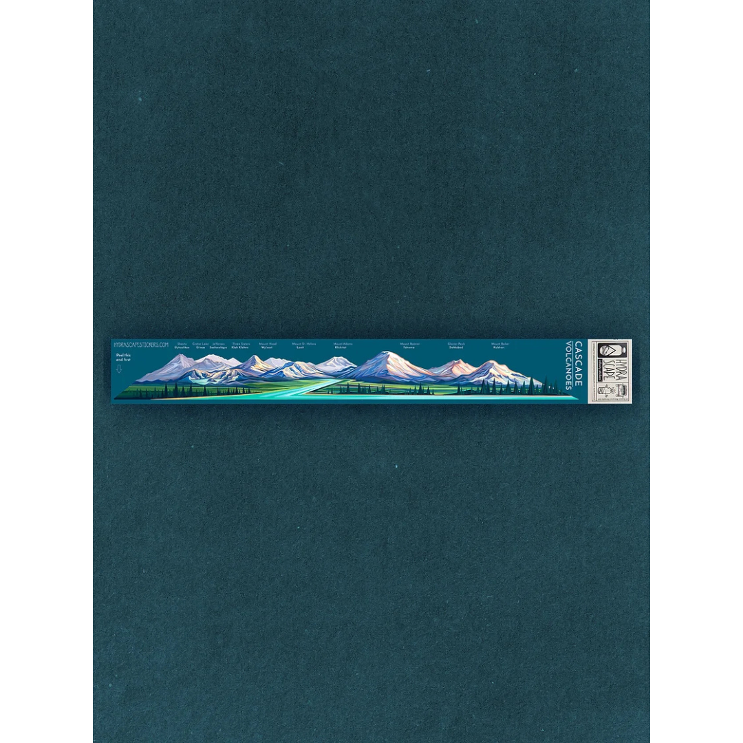 Long skinny sticker features the snow capped mountains of the Cascade range.