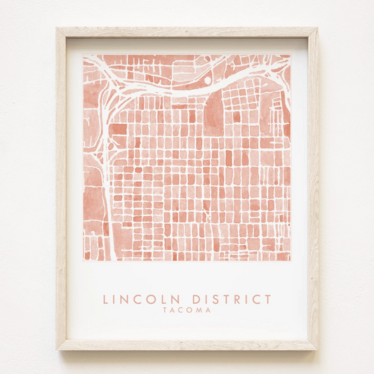 Tacoma neighborhood map featuring the Lincoln District in a salmon color and the words "LINCOLN DISRICT TACOMA" underneath.