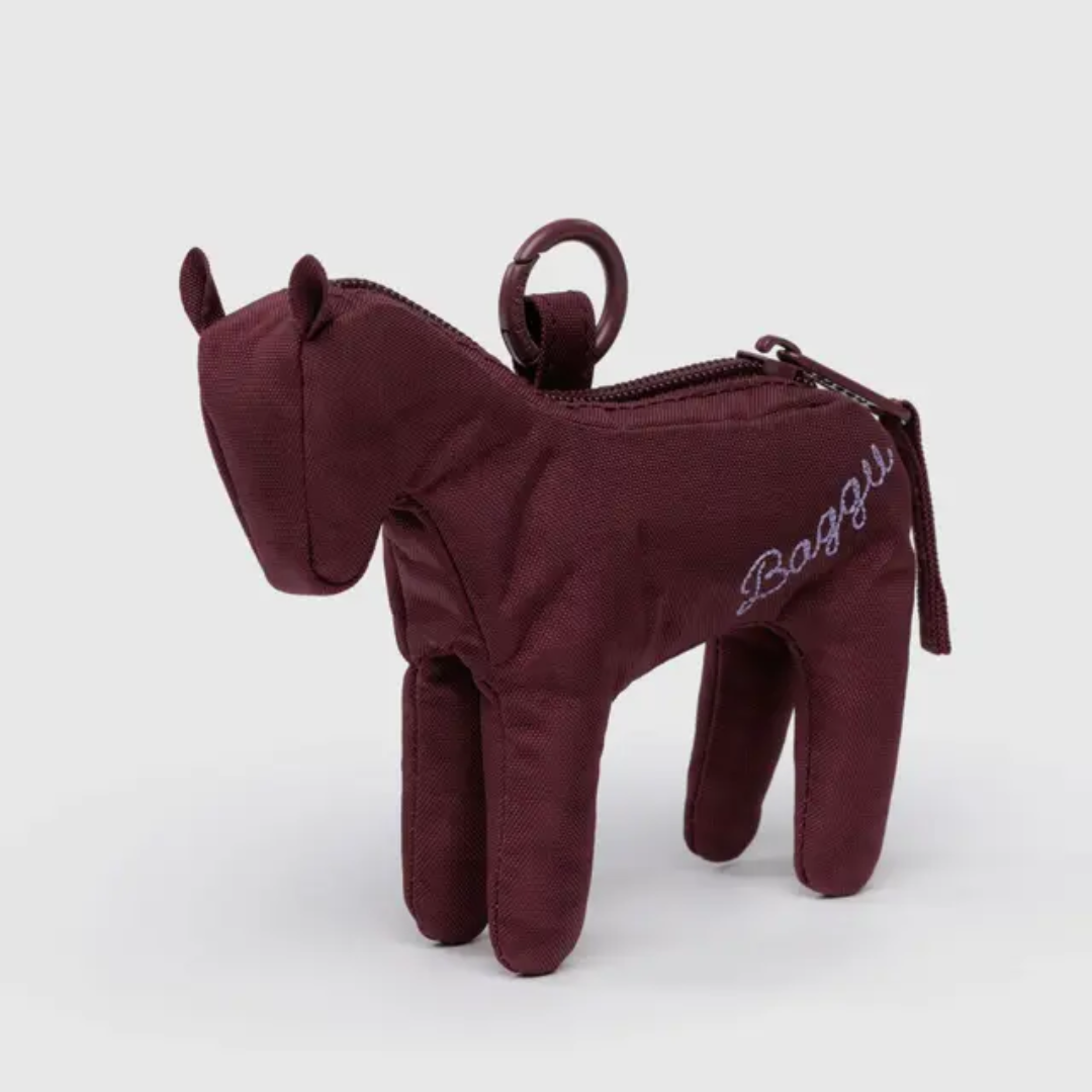 Maroon horse shaped zippered pouch that says "Baggu" in script