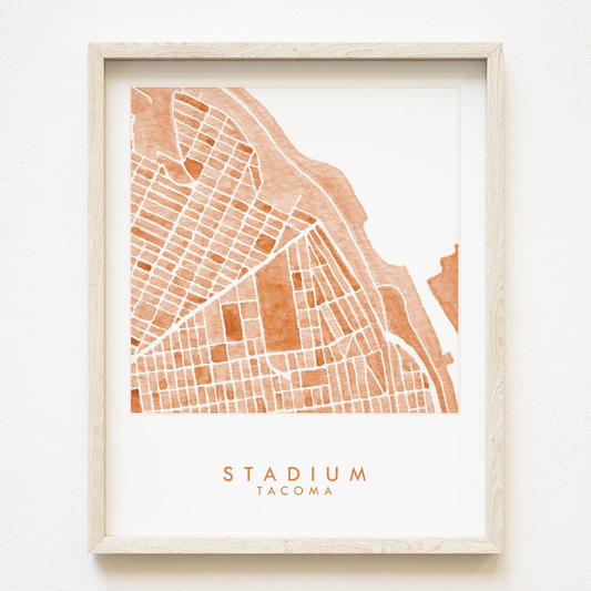 Tacoma neighborhood map print of the stadium district in warm red featuring the words "STADIUM TACOMA" underneath it.