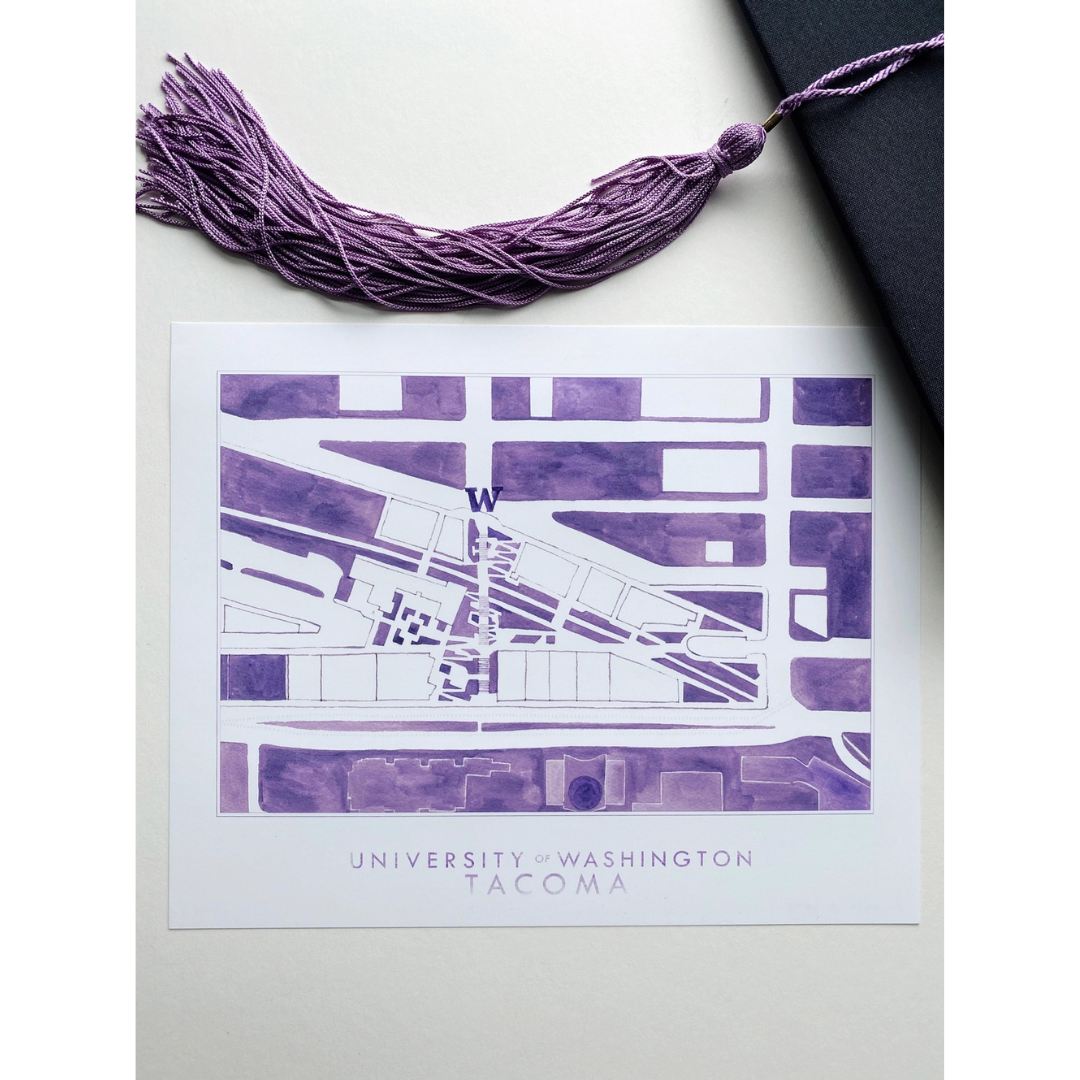 Watercolor painting of a UW Tacoma campus map in UW purple! Features the words "UNIVERSITY OF WASHINGTON TACOMA" underneath and a purple tassel above.