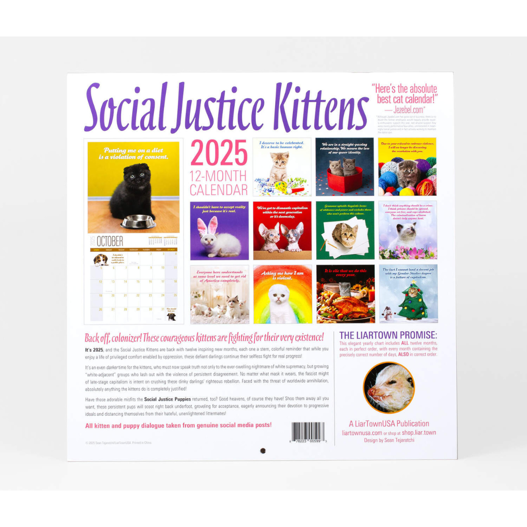 Back of Social Justice Kittens 2025 calendar featuring the title in purple against a white background and 12 smaller squares previewing each of the 12 months and their coinciding pictures.