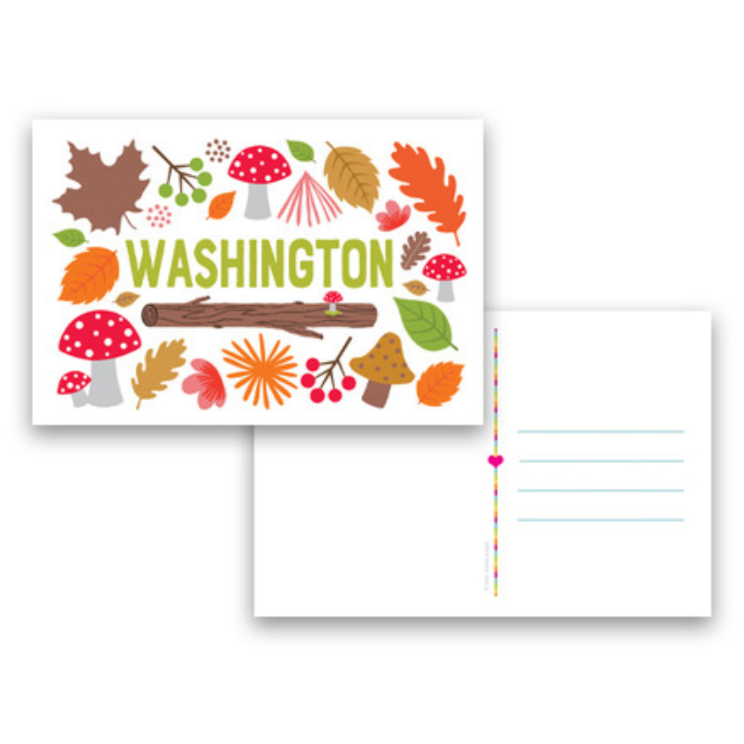 Woodsy themed Washington postcard with leaves, mushrooms, and logs