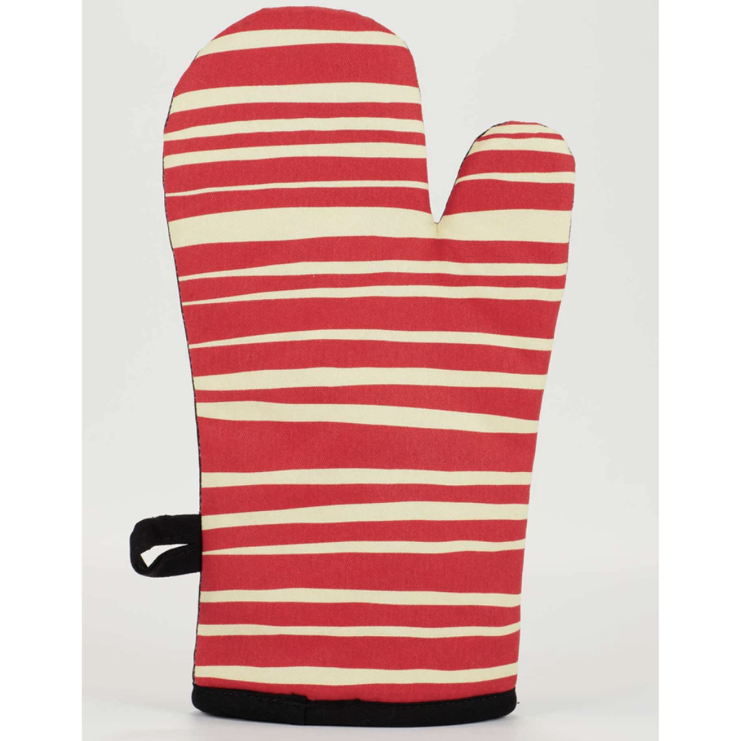 Palm side of the oven mitt is red and white stripes