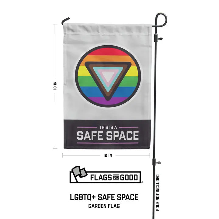 This is a safe space garden flag featuring circular inclusive pride flag with dimensions of 18" x 12"