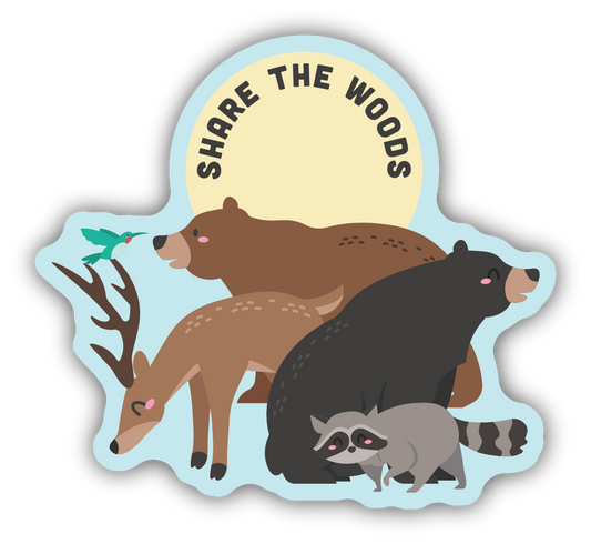 Woodland animals sticker features images of black and brown bears, deer, a raccoon and a bird in a tree with the words "share the woods".